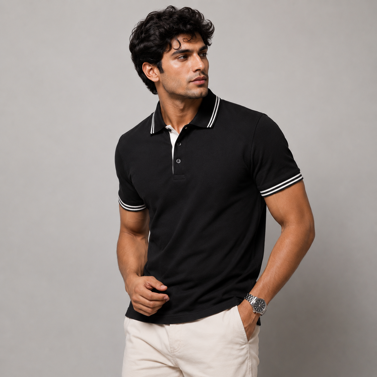 Double Tipping Black Polo Neck T-Shirt
