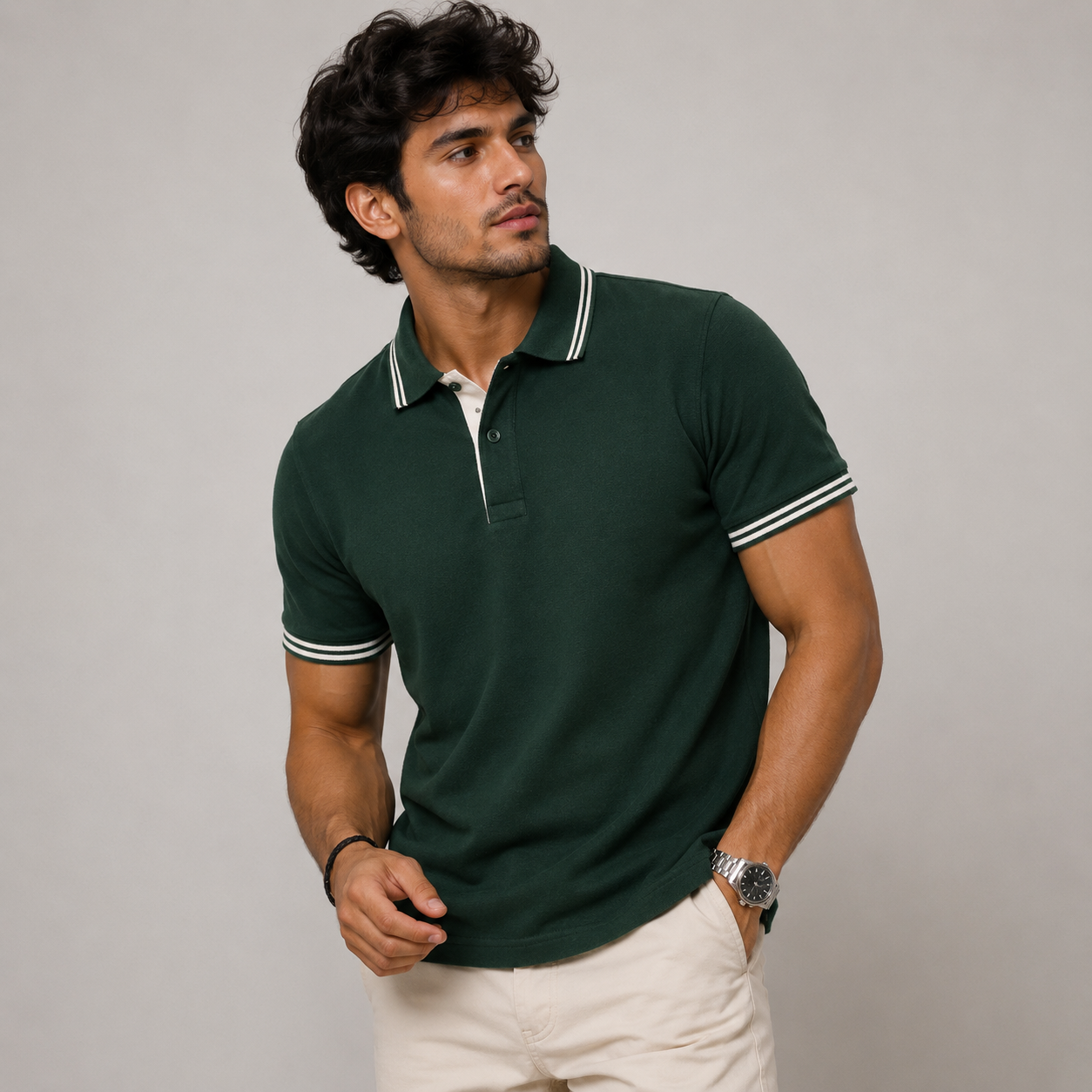 Double Tipping Forest Green Polo Neck T-Shirt