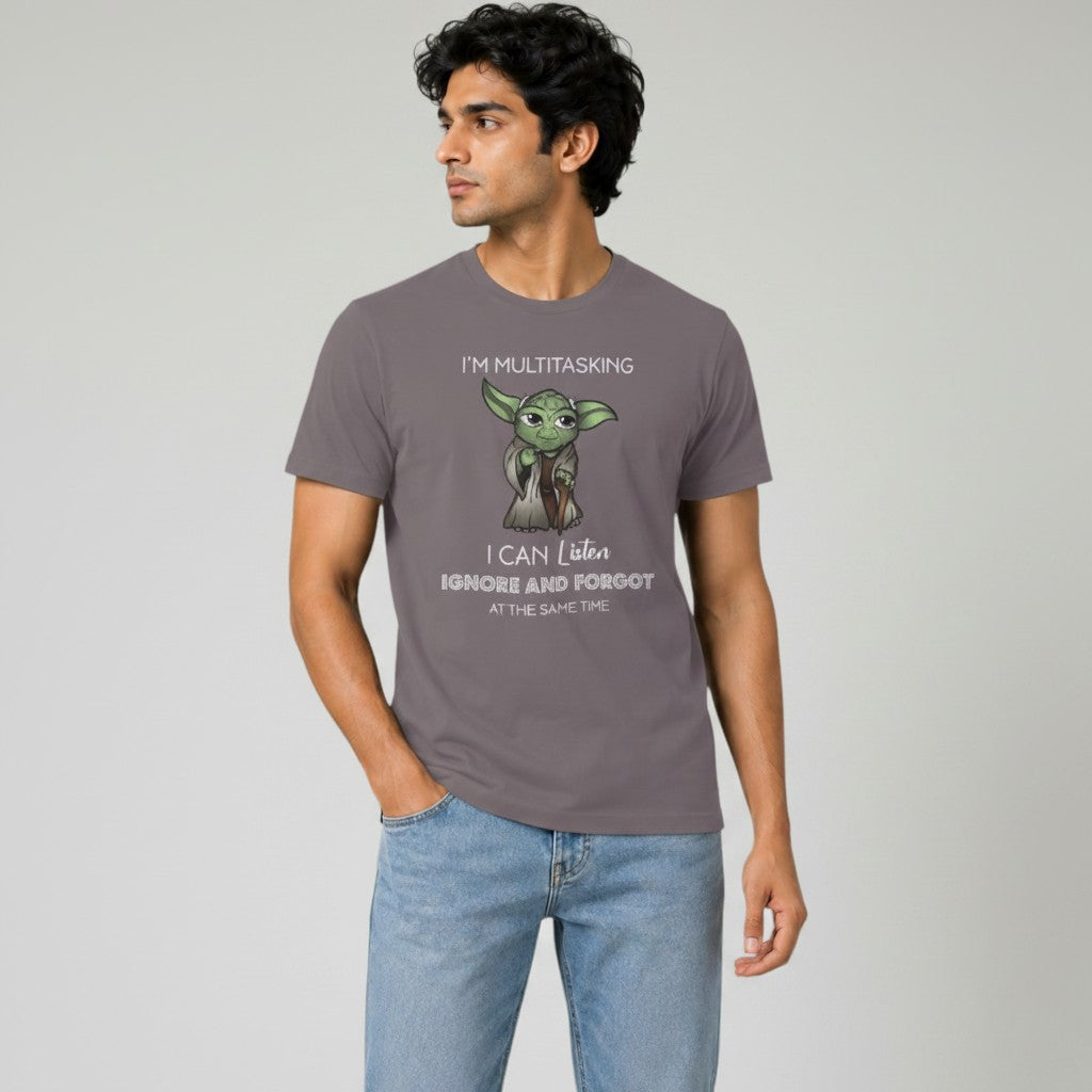 Shufle T-Shirt with a cartoon Yoda graphic and the text "I'M MULTITASKING I CAN Listen IGNORE AND FORGOT AT THE SAME TIME".