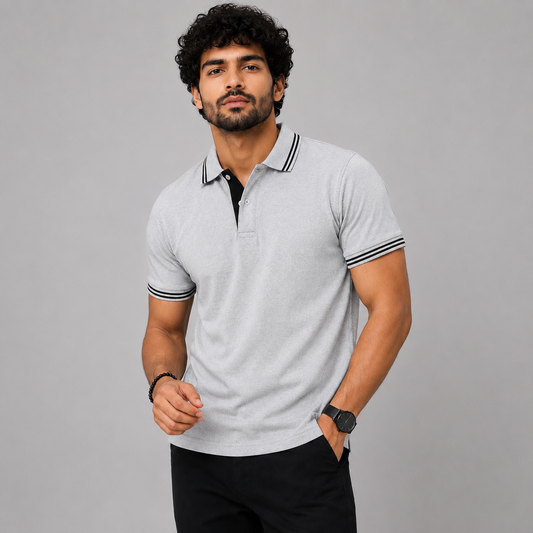 Double Tipping Light Grey Polo Neck T-Shirt