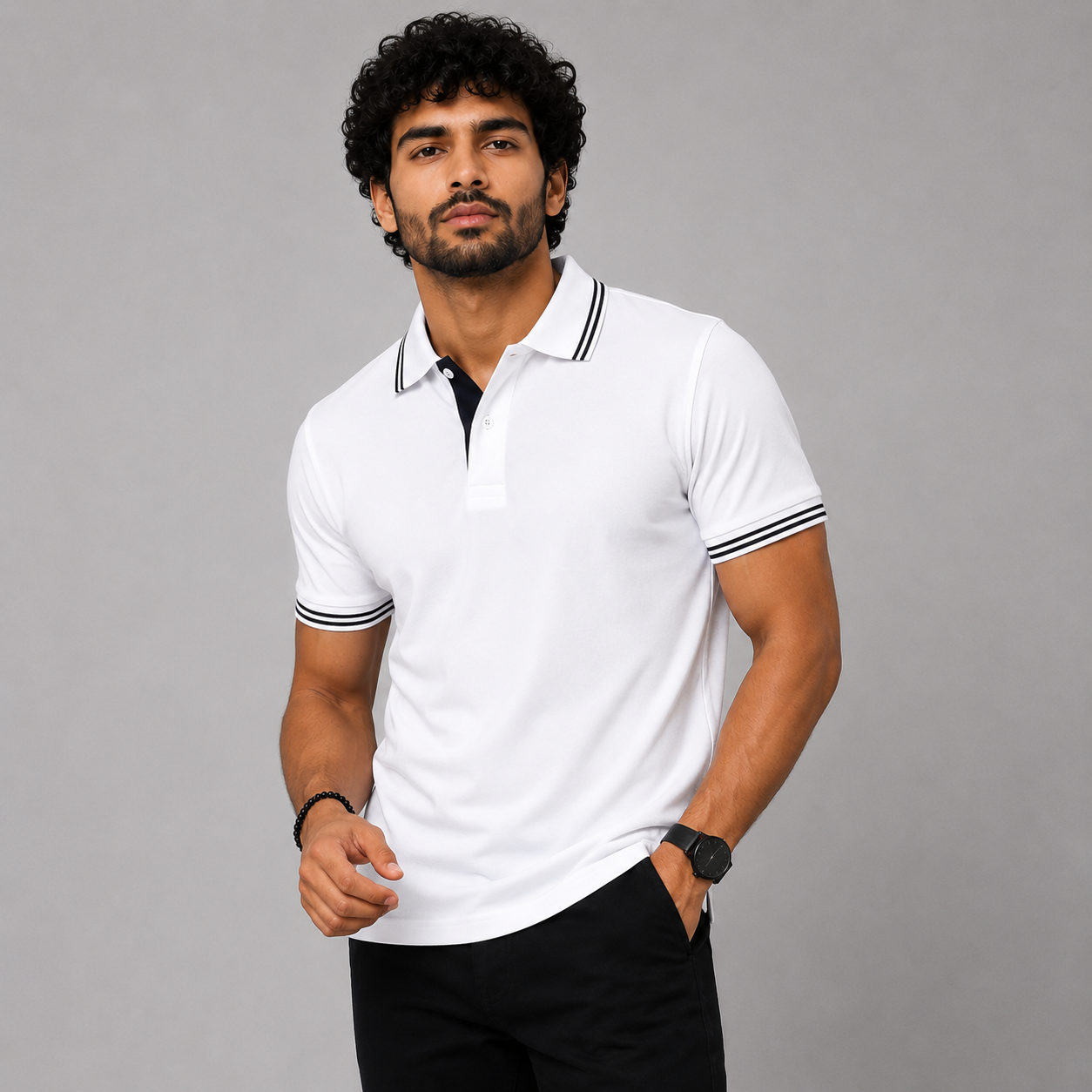Double Tipping White Polo Neck T-Shirt