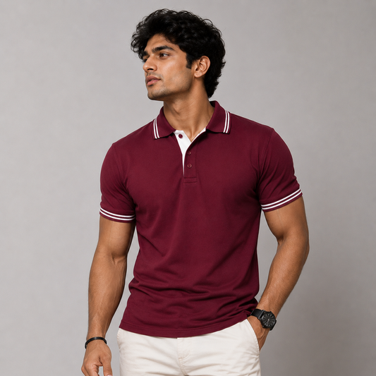 Double Tipping Maroon Polo Neck T-Shirt