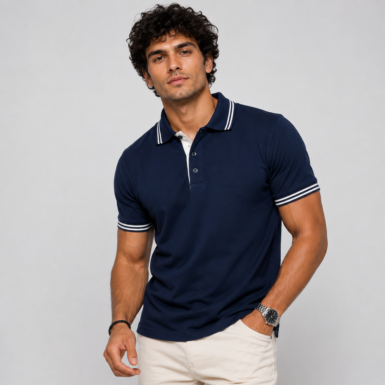 Double Tipping Navy Blue Polo Neck T-Shirt