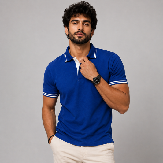 Double Tipping Royal Blue Polo Neck T-Shirt