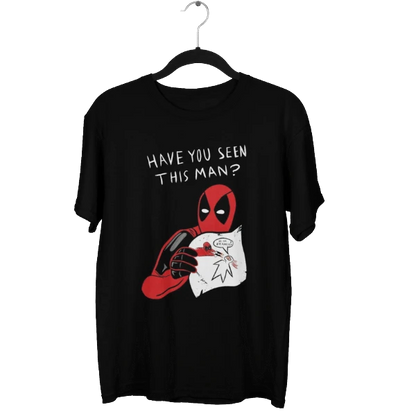 Shuflz black 100% cotton oversized unisex t-shirt with Deadpool graphic and "Have You Seen This Man?" text.