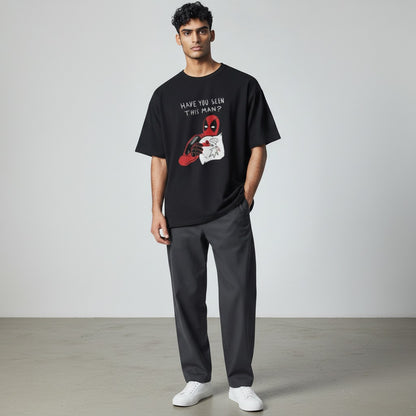 Shuflz black 100% cotton oversized unisex t-shirt with Deadpool graphic and "Have You Seen This Man?" text.