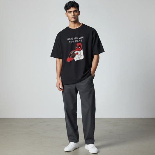Shuflz black 100% cotton oversized unisex t-shirt with Deadpool graphic and "Have You Seen This Man?" text.