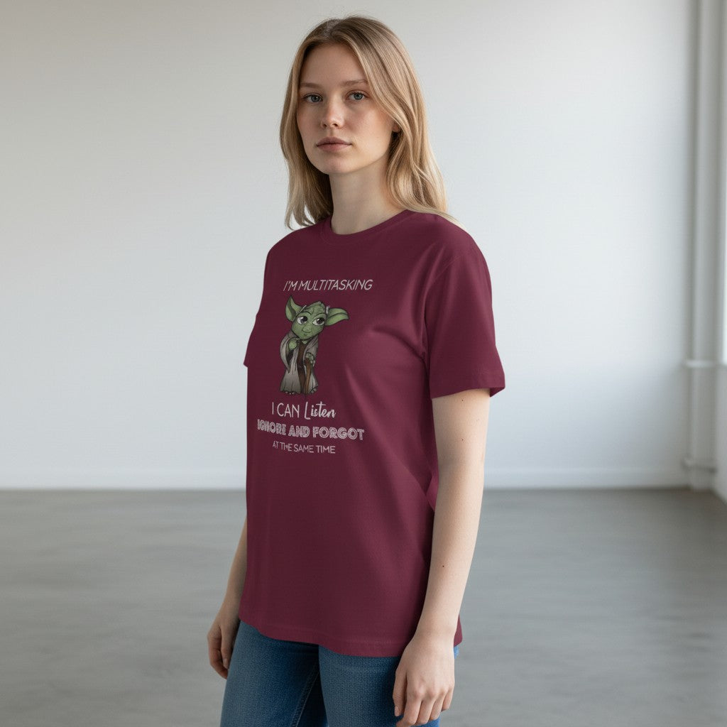Shuflz maroon 100% cotton unisex t-shirt with a graphic of Yoda saying "I Can Listen, Ignore and Forgot at the Same Time."