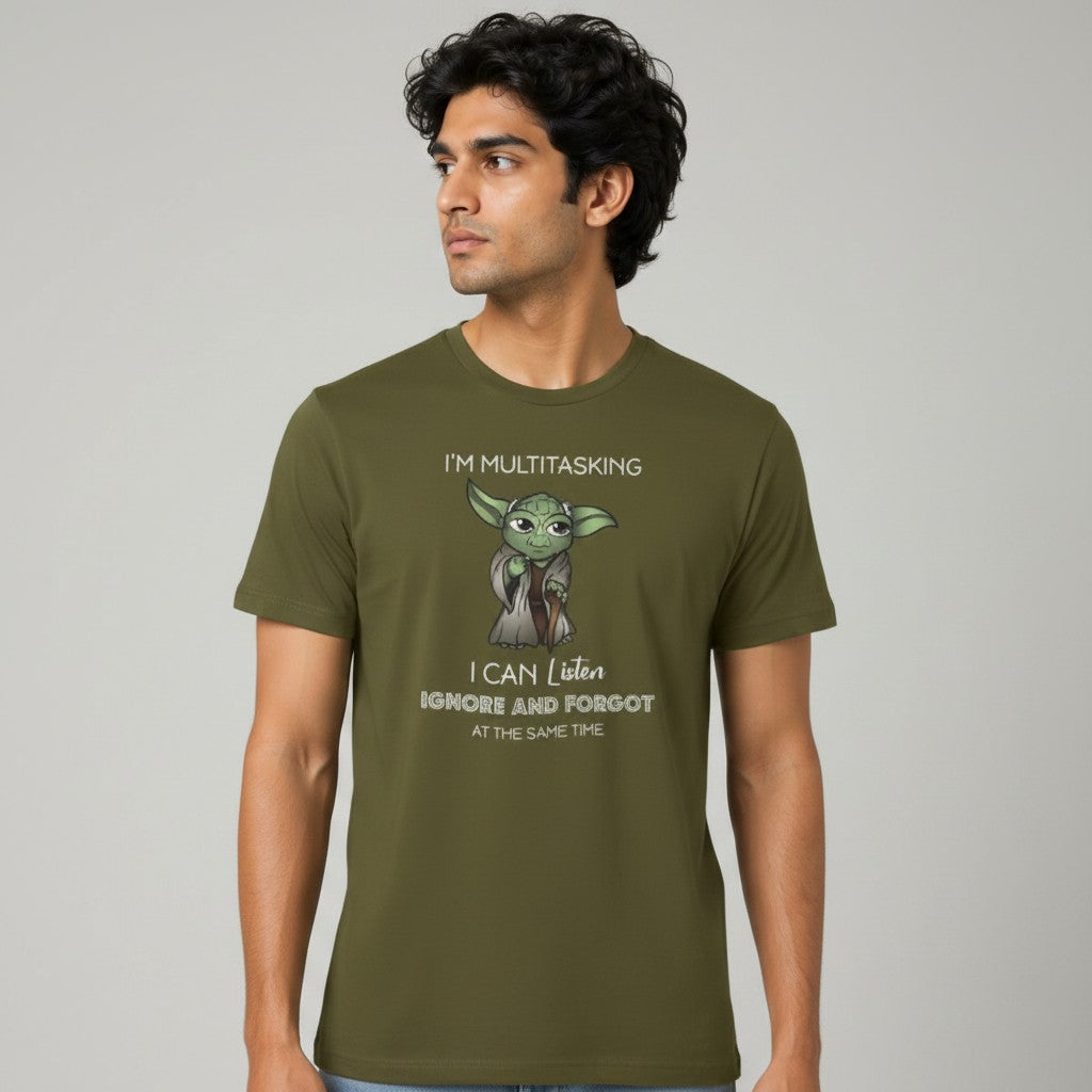 Shuflz olive green 100% premium cotton unisex t-shirt with a graphic of Yoda saying "I'm Multitasking, I Can Listen, Ignore and Forgot at the Same Time."