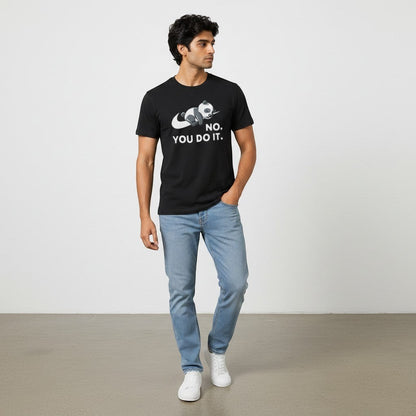 Shuflz black 100% premium cotton unisex t-shirt with a sleeping panda graphic and "NO. YOU DO IT." text.