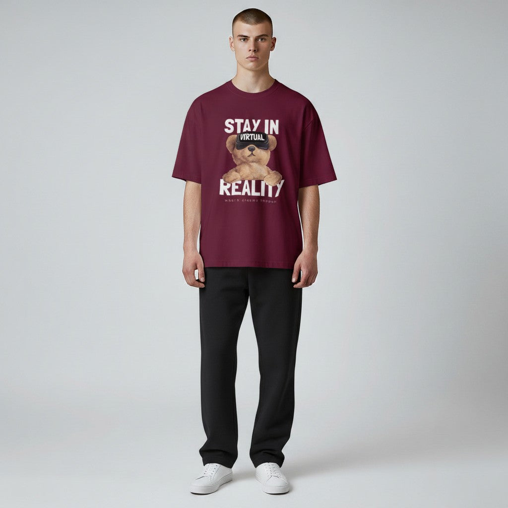 Shuflz maroon 100% cotton oversized t-shirt with a graphic of a teddy bear wearing VR goggles and the text "STAY IN VIRTUAL REALITY".