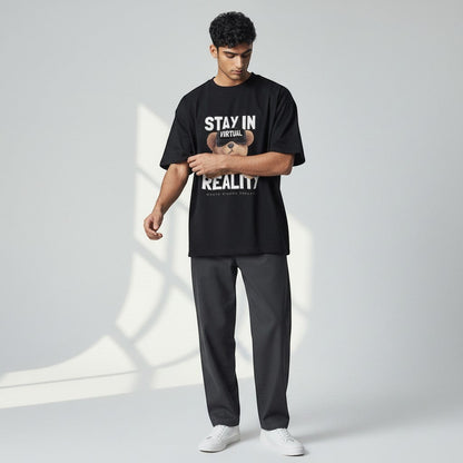 Shuflz black 100% premium cotton oversized unisex t-shirt with "Stay In Virtual Reality" graphic and teddy bear wearing VR headset.