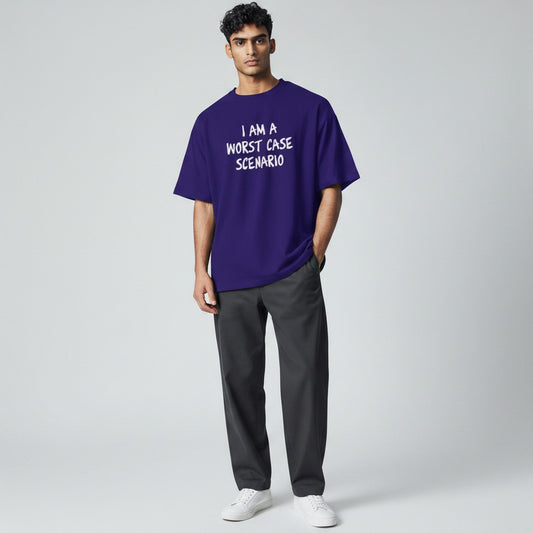 Shuflz purple 100% premium cotton unisex t-shirt with white text reading "I AM A WORST CASE SCENARIO"